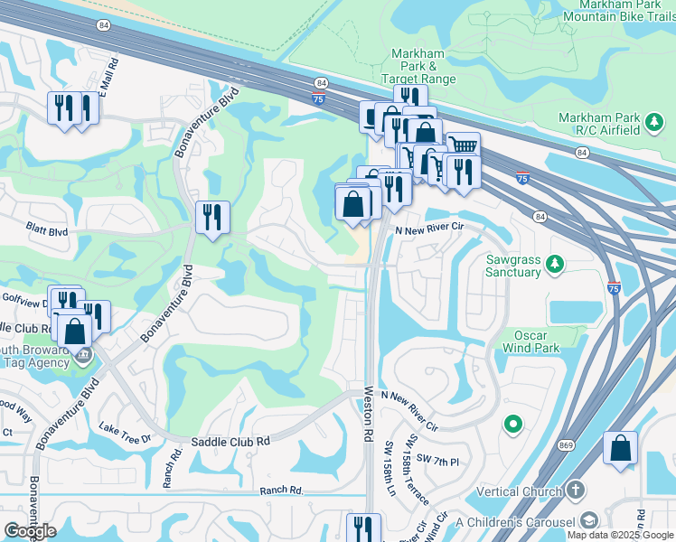 map of restaurants, bars, coffee shops, grocery stores, and more near 16061 La Costa Drive in Weston