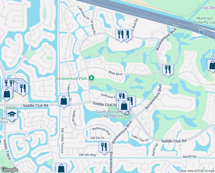 map of restaurants, bars, coffee shops, grocery stores, and more near 16722 Botaniko Drive South in Weston