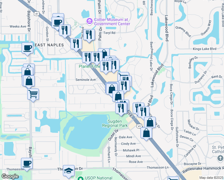 map of restaurants, bars, coffee shops, grocery stores, and more near 3809 Tamiami Trail East in Naples
