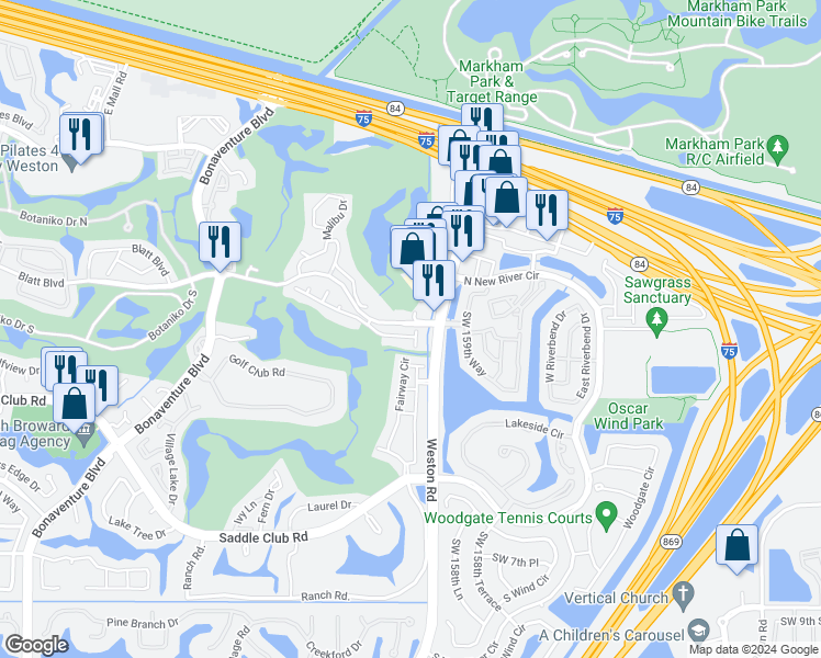 map of restaurants, bars, coffee shops, grocery stores, and more near 221 La Costa Way in Weston