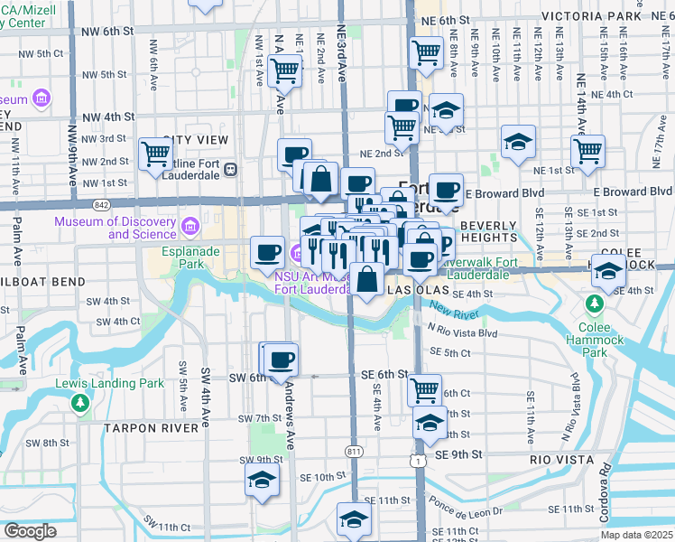 map of restaurants, bars, coffee shops, grocery stores, and more near 201 East Las Olas Boulevard in Fort Lauderdale