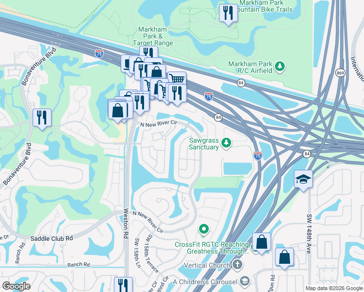 map of restaurants, bars, coffee shops, grocery stores, and more near 201 West Riverbend Drive in Sunrise