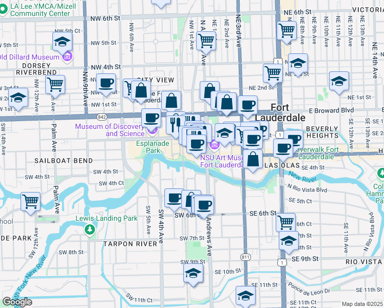 map of restaurants, bars, coffee shops, grocery stores, and more near 301 Southwest 1st Avenue in Fort Lauderdale