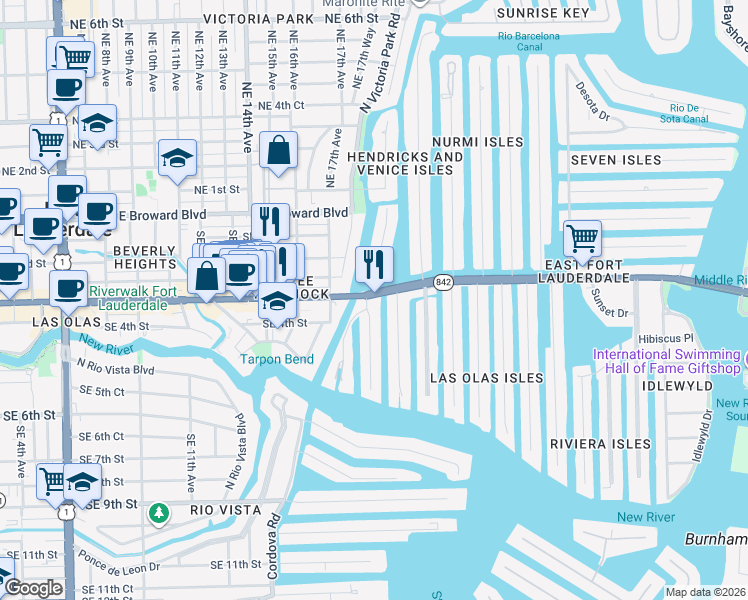 map of restaurants, bars, coffee shops, grocery stores, and more near 1750 Southeast 17th Way in Fort Lauderdale