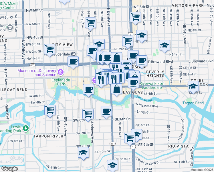map of restaurants, bars, coffee shops, grocery stores, and more near 188 Southeast 3rd Avenue in Fort Lauderdale