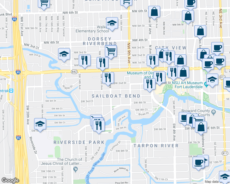 map of restaurants, bars, coffee shops, grocery stores, and more near 1012 Middle Street in Fort Lauderdale
