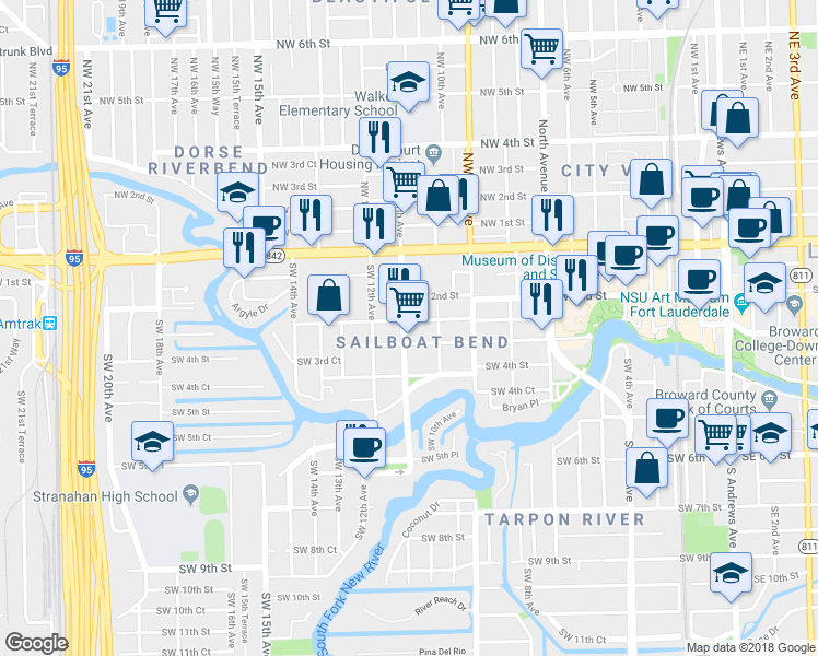 map of restaurants, bars, coffee shops, grocery stores, and more near 1012 Middle Street in Fort Lauderdale
