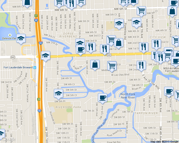 map of restaurants, bars, coffee shops, grocery stores, and more near 1346 Southwest 2nd Court in Fort Lauderdale