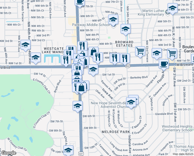 map of restaurants, bars, coffee shops, grocery stores, and more near 3770 Southwest 1st Street in Fort Lauderdale