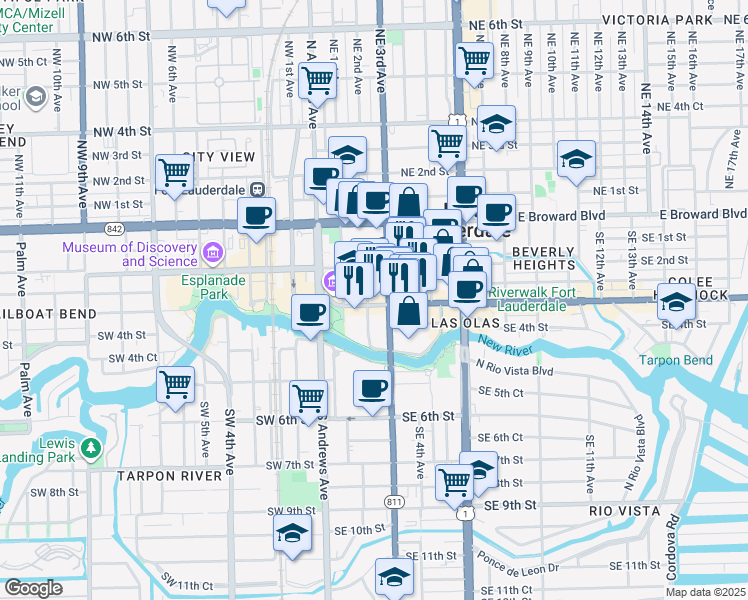 map of restaurants, bars, coffee shops, grocery stores, and more near 200 East Las Olas Boulevard in Fort Lauderdale