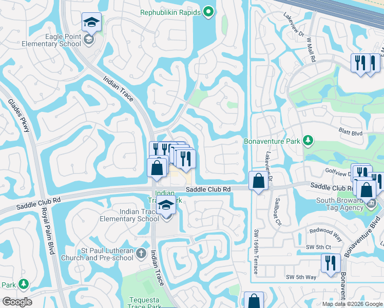 map of restaurants, bars, coffee shops, grocery stores, and more near 229 East Bayridge Drive in Weston