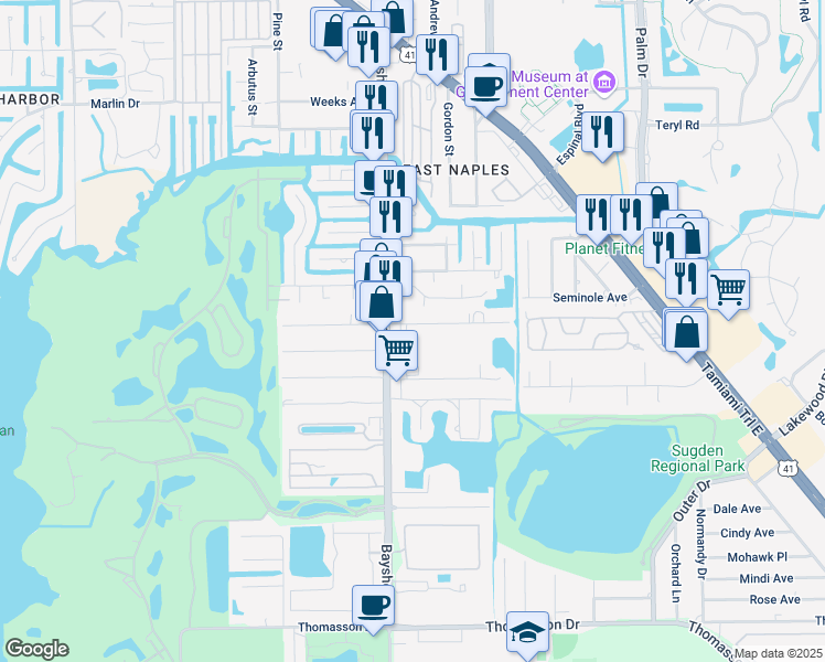 map of restaurants, bars, coffee shops, grocery stores, and more near 2986 Barrett Avenue in Naples