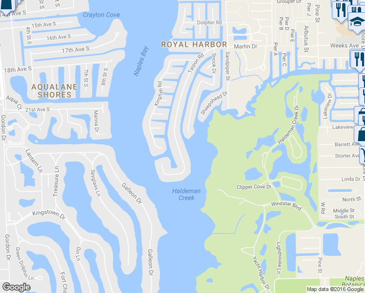 map of restaurants, bars, coffee shops, grocery stores, and more near 2425 Tarpon Road in Naples