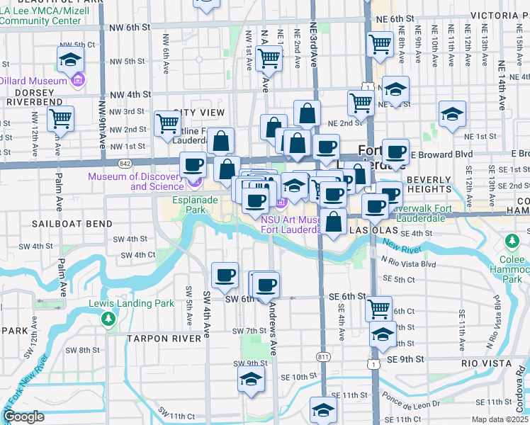 map of restaurants, bars, coffee shops, grocery stores, and more near 1 West Las Olas Boulevard in Fort Lauderdale