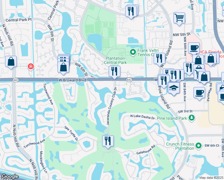 map of restaurants, bars, coffee shops, grocery stores, and more near 17 Jacaranda Drive in Plantation