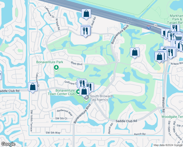 map of restaurants, bars, coffee shops, grocery stores, and more near 16620 Sunset Way in Weston