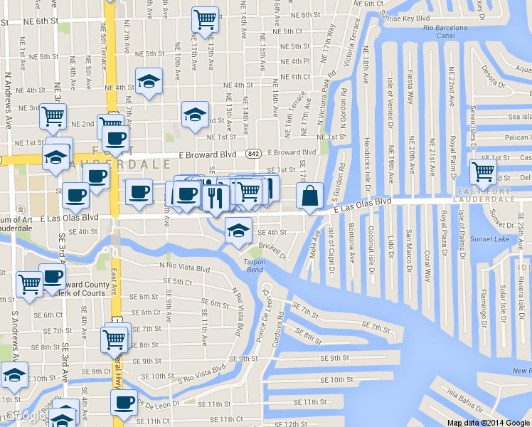 map of restaurants, bars, coffee shops, grocery stores, and more near  in Fort Lauderdale