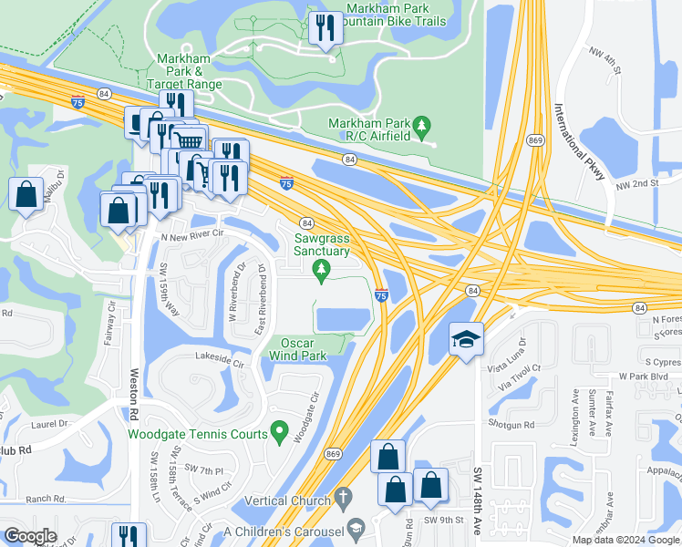 map of restaurants, bars, coffee shops, grocery stores, and more near 264 Las Brisas Circle in Weston