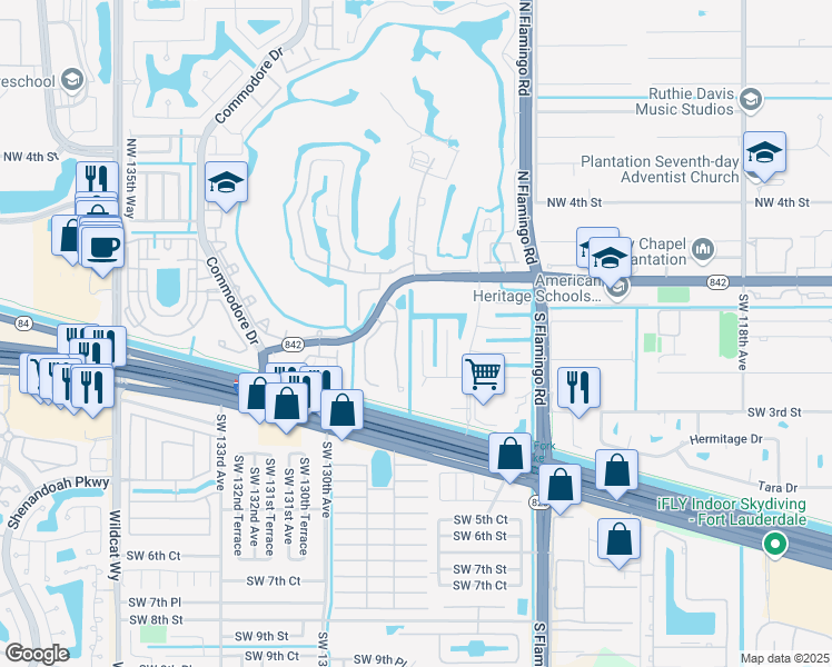 map of restaurants, bars, coffee shops, grocery stores, and more near 131 Southwest 127th Avenue in Plantation