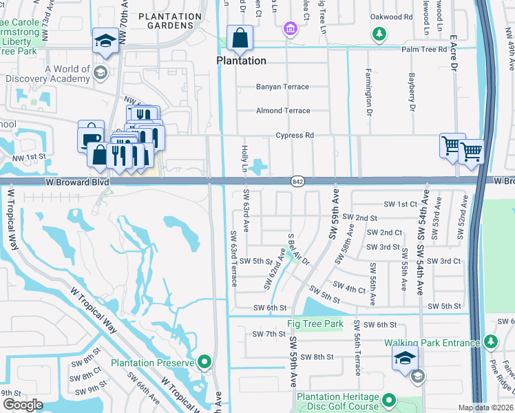map of restaurants, bars, coffee shops, grocery stores, and more near 171 Southwest 62nd Terrace in Plantation