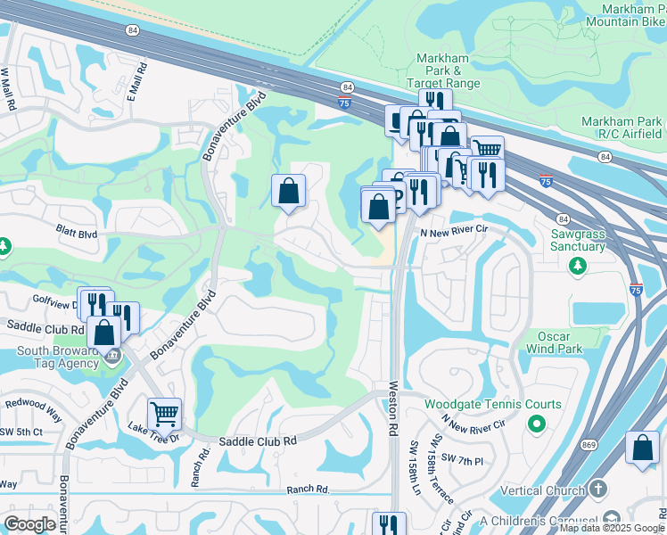 map of restaurants, bars, coffee shops, grocery stores, and more near 16100 La Costa Drive in Weston