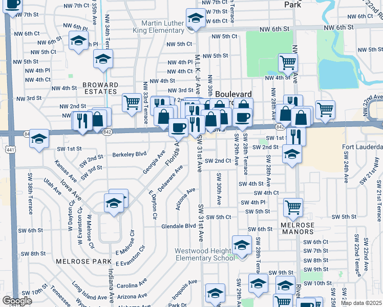 map of restaurants, bars, coffee shops, grocery stores, and more near 140 Carolina Avenue in Fort Lauderdale