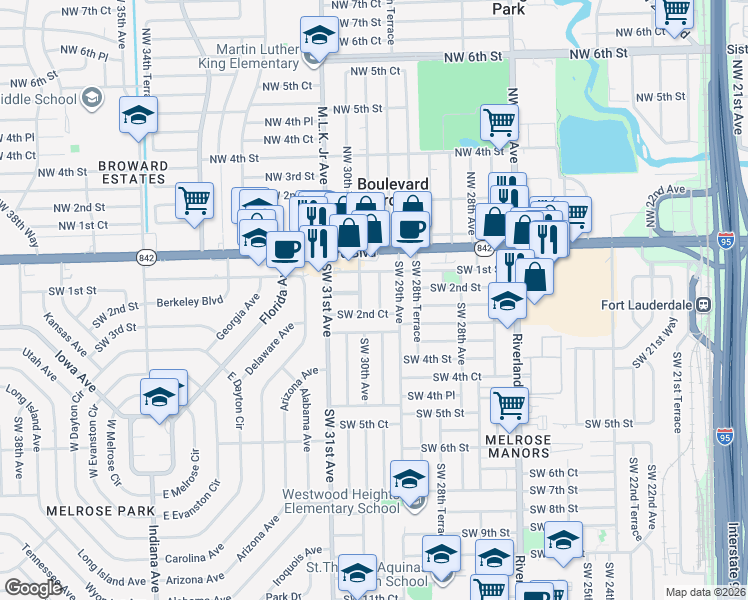 map of restaurants, bars, coffee shops, grocery stores, and more near 211 Southwest 29th Terrace in Fort Lauderdale