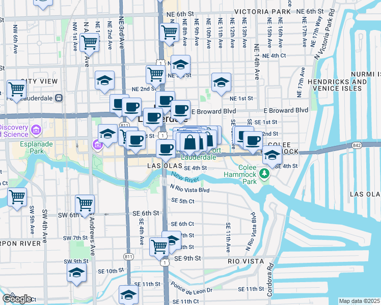 map of restaurants, bars, coffee shops, grocery stores, and more near 821 East Las Olas Boulevard in Fort Lauderdale