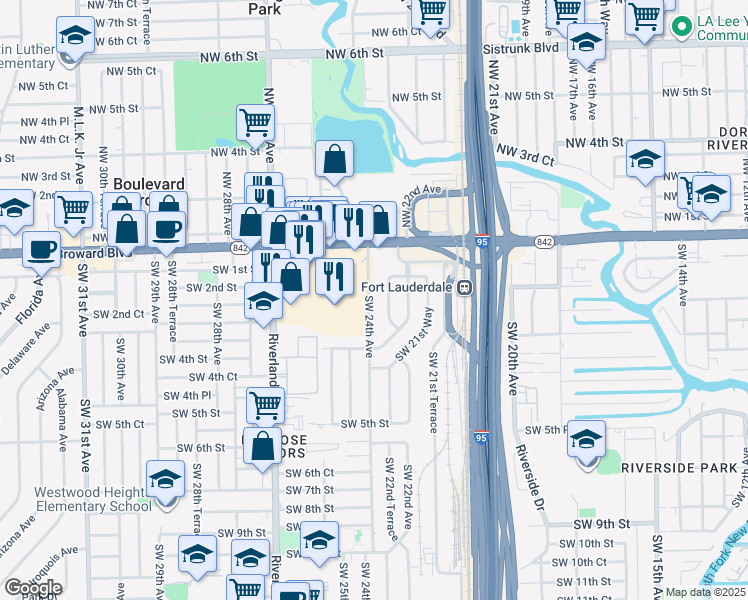 map of restaurants, bars, coffee shops, grocery stores, and more near 118 Southwest 24th Avenue in Fort Lauderdale