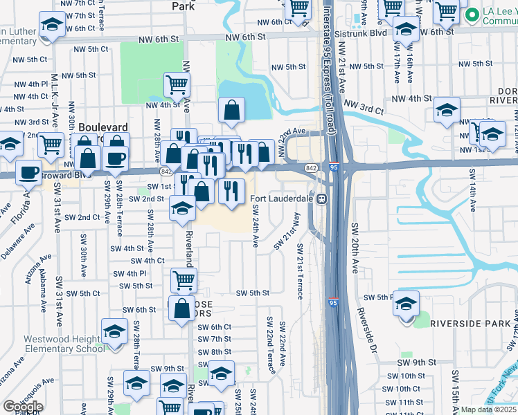 map of restaurants, bars, coffee shops, grocery stores, and more near 118 Southwest 24th Avenue in Fort Lauderdale