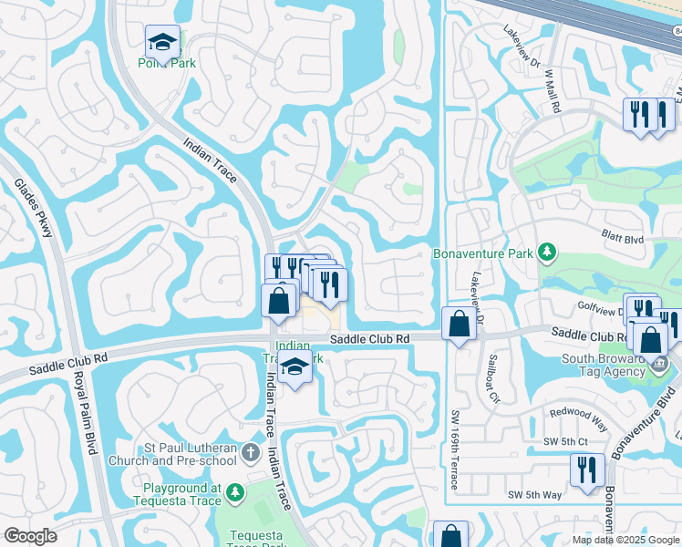 map of restaurants, bars, coffee shops, grocery stores, and more near 225 East Bayridge Drive in Weston