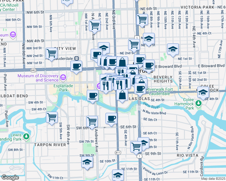 map of restaurants, bars, coffee shops, grocery stores, and more near 188 Southeast 3rd Avenue in Fort Lauderdale