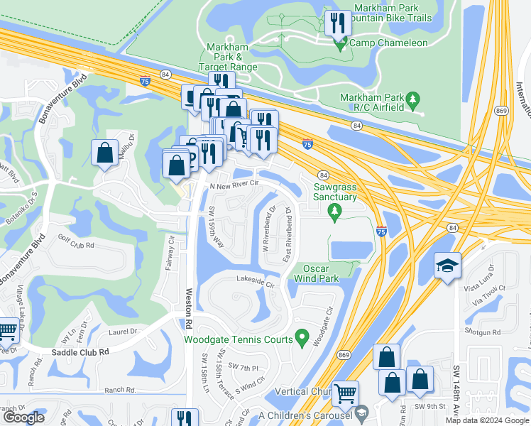 map of restaurants, bars, coffee shops, grocery stores, and more near 201 West Riverbend Drive in Sunrise
