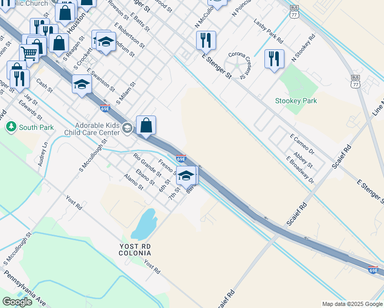 map of restaurants, bars, coffee shops, grocery stores, and more near 1235 East Expressway 83 in San Benito