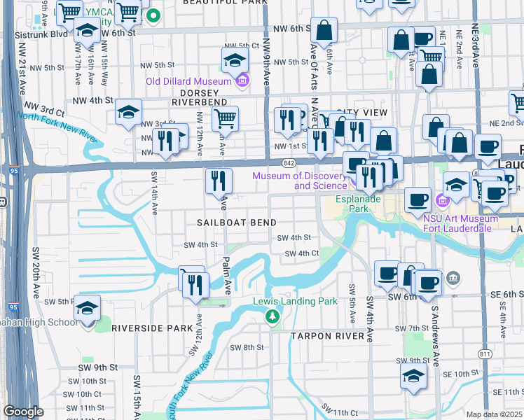 map of restaurants, bars, coffee shops, grocery stores, and more near 908 Middle Street in Fort Lauderdale