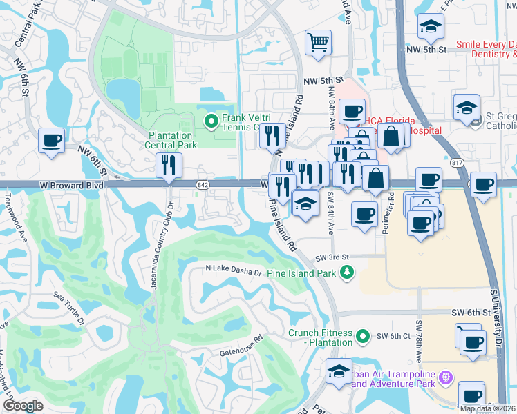 map of restaurants, bars, coffee shops, grocery stores, and more near 3 South Pine Island Road in Fort Lauderdale