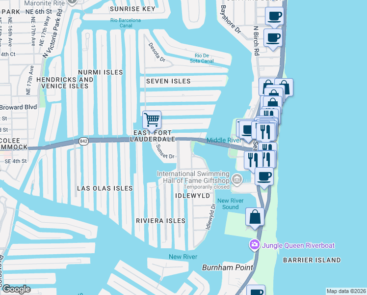 map of restaurants, bars, coffee shops, grocery stores, and more near 2500 East Las Olas Boulevard in Fort Lauderdale