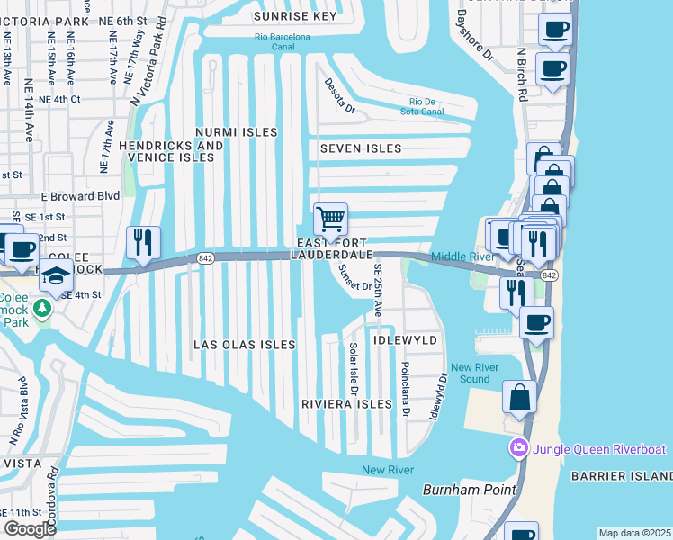 map of restaurants, bars, coffee shops, grocery stores, and more near 309 Sunset Drive in Fort Lauderdale