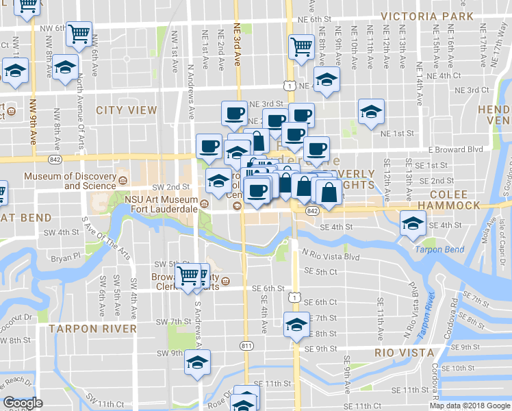 map of restaurants, bars, coffee shops, grocery stores, and more near 333 East Las Olas Boulevard in Fort Lauderdale