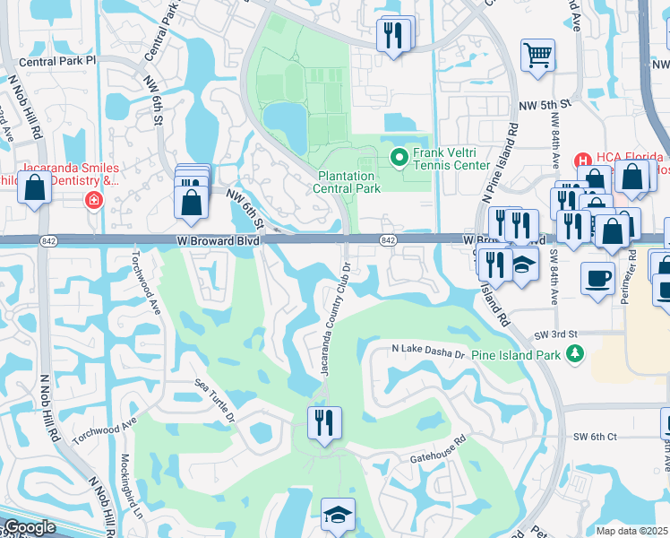 map of restaurants, bars, coffee shops, grocery stores, and more near 17 Jacaranda Drive in Plantation