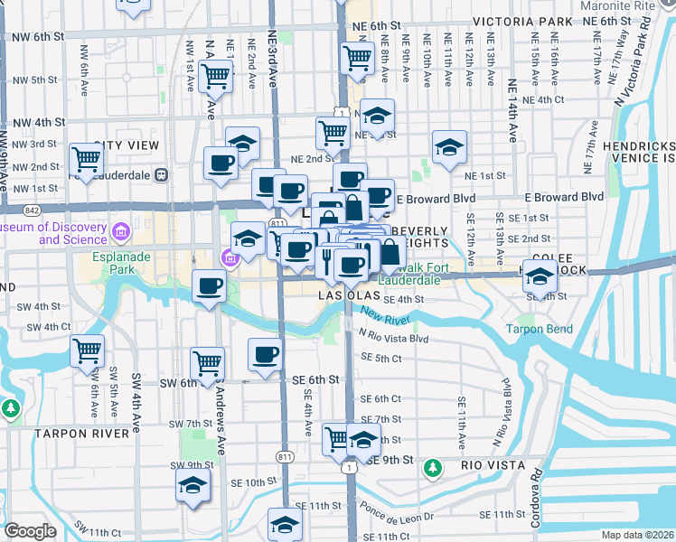 map of restaurants, bars, coffee shops, grocery stores, and more near 521 East Las Olas Boulevard in Fort Lauderdale
