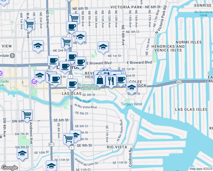 map of restaurants, bars, coffee shops, grocery stores, and more near 1119 East Las Olas Boulevard in Fort Lauderdale
