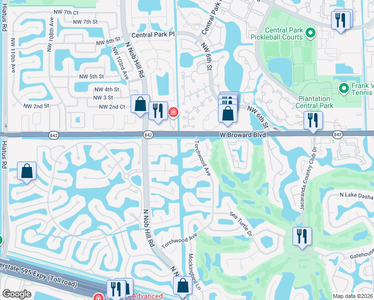 map of restaurants, bars, coffee shops, grocery stores, and more near 9840 Southwest 1st Street in Plantation