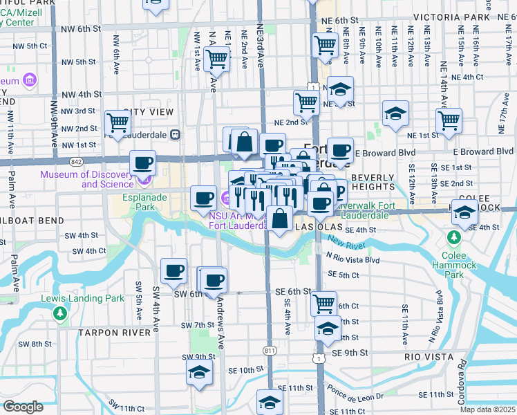 map of restaurants, bars, coffee shops, grocery stores, and more near 201 East Las Olas Boulevard in Fort Lauderdale