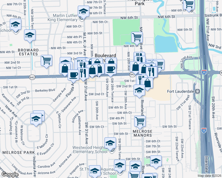 map of restaurants, bars, coffee shops, grocery stores, and more near 221 Southwest 28th Terrace in Fort Lauderdale