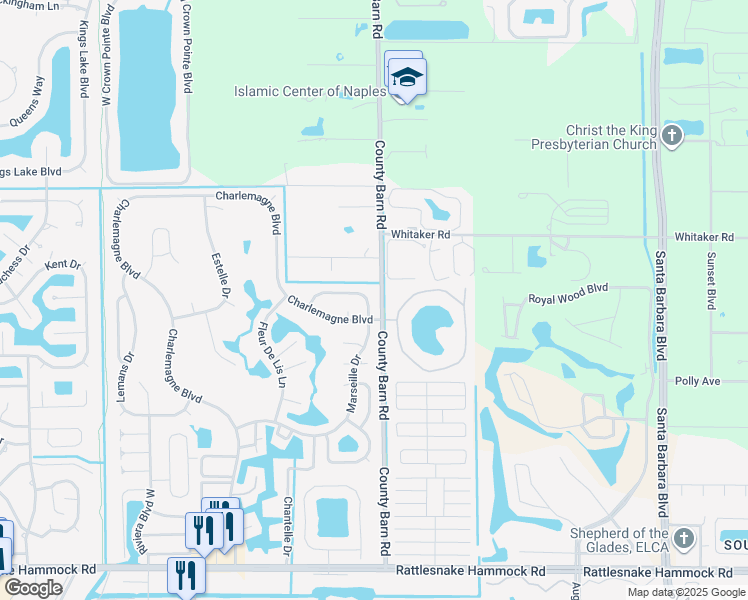 map of restaurants, bars, coffee shops, grocery stores, and more near 160 Marseille Drive in Naples
