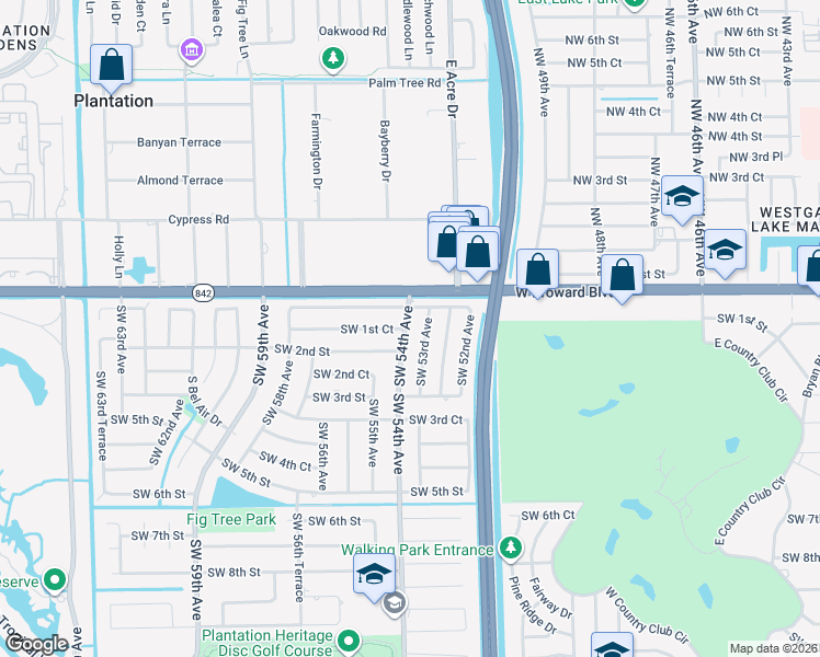 map of restaurants, bars, coffee shops, grocery stores, and more near 142 Southwest 54th Avenue in Plantation