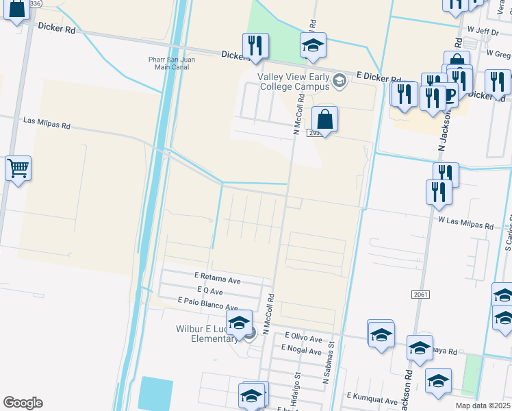 map of restaurants, bars, coffee shops, grocery stores, and more near 2801 West Las Milpas Road in Hidalgo