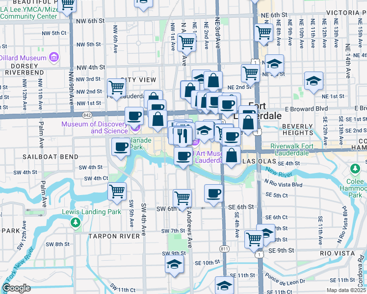 map of restaurants, bars, coffee shops, grocery stores, and more near 1 West Las Olas Boulevard in Fort Lauderdale