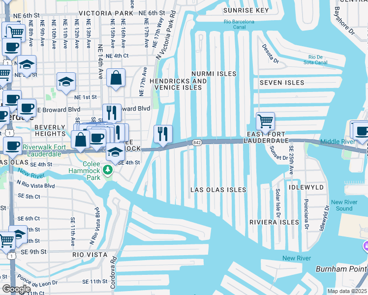 map of restaurants, bars, coffee shops, grocery stores, and more near 1770 East Las Olas Boulevard in Fort Lauderdale